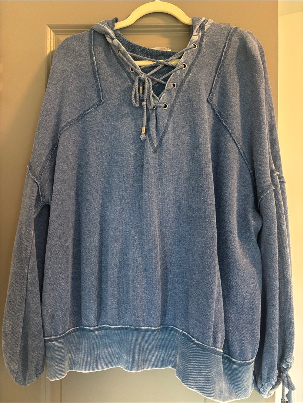 Free People Distressed Blue Lace-Up Hooded Women's Sweatshirt